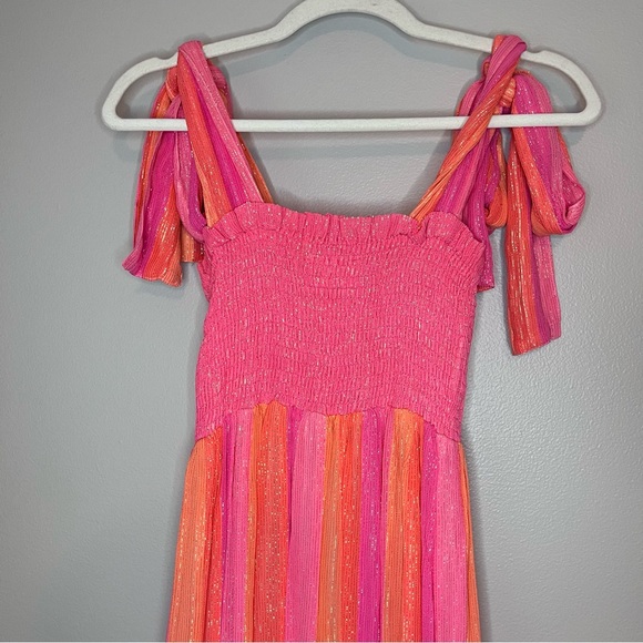Sundress Melina Metallic Stripe Smocked Babydoll Midi Dress Marbella Pink Orange - Picture 7 of 9